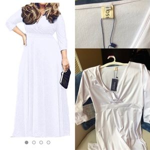 Solid White V-Neck 3/4 Sleeve Maxi Dress